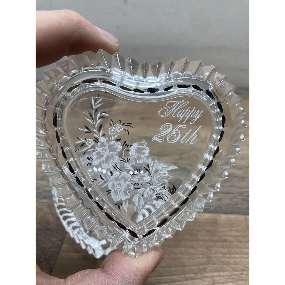 Heart shaped Clear Glass trinket box with lid says Happy 25th with‎ flowers